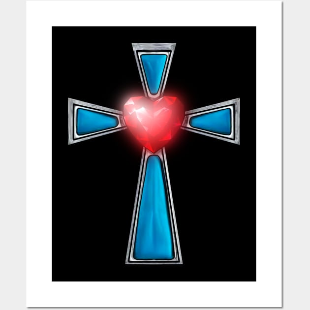 Cross Blue Stones Ruby Red Heart Wall Art by SoLunAgua